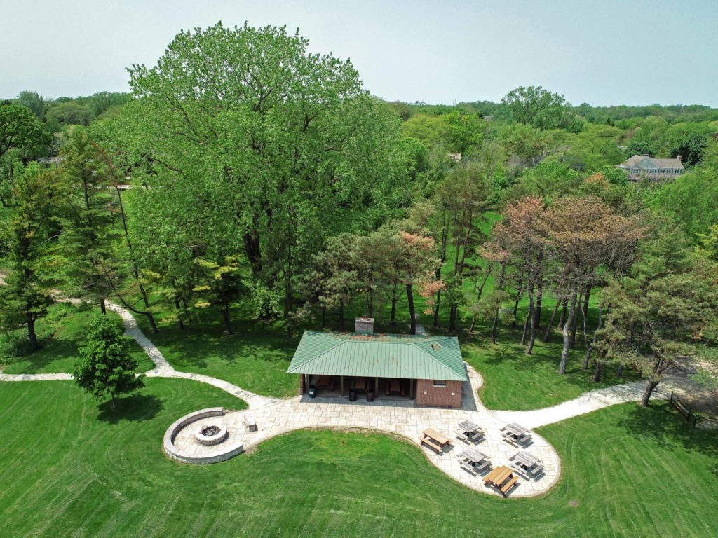 Crow Island Woods shelter, picnic tables, + fire pit