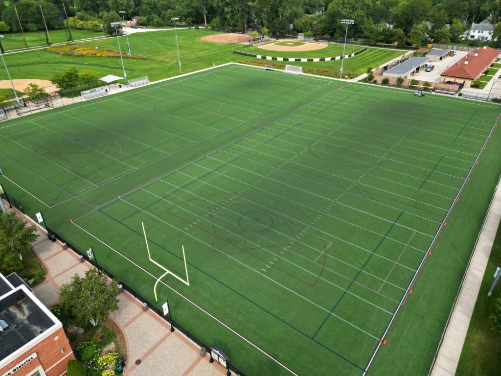 aerial view of Skokie Playfield synthetic turf fields