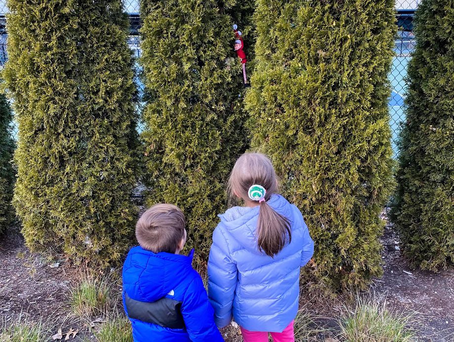 two children finding an elf on the shelf hidden in a tree