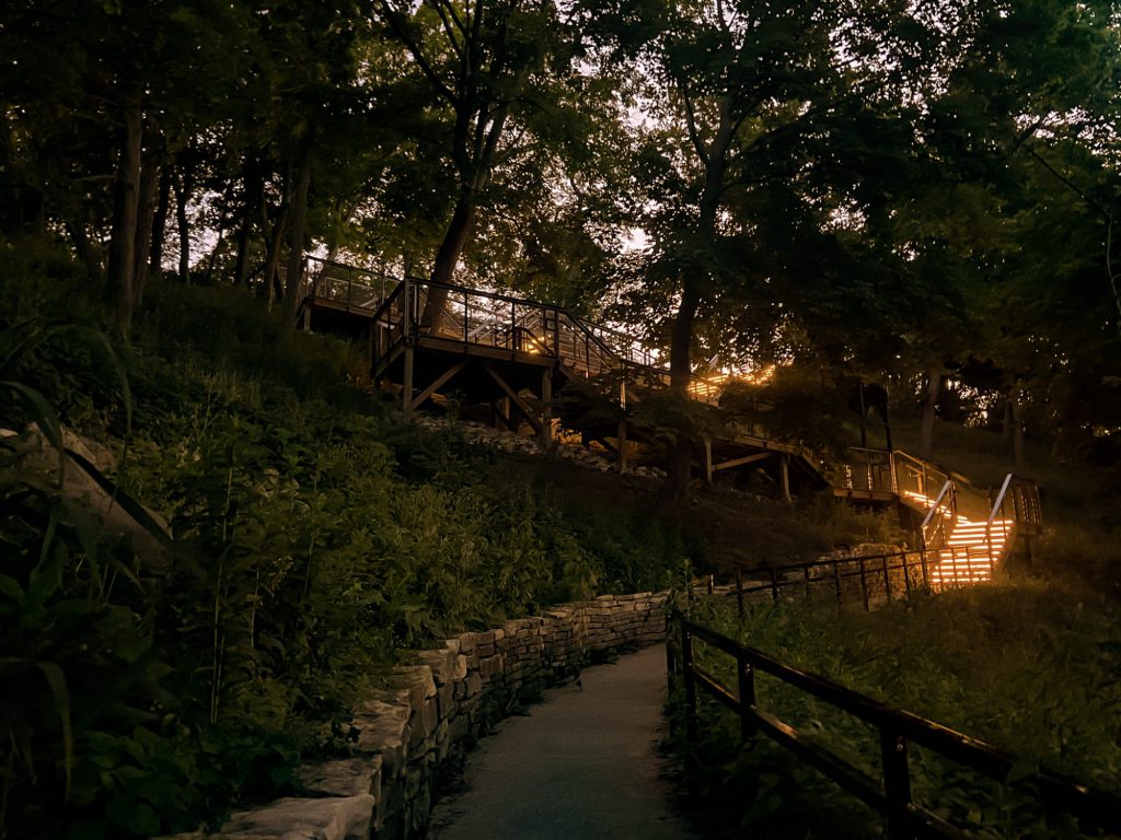 Tower Road Beach staircase at night with stair lights shining