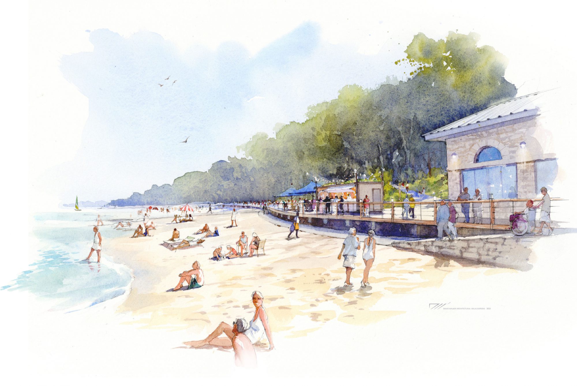 Watercolor rendering of the future Elder Lane and Centennial Beach
