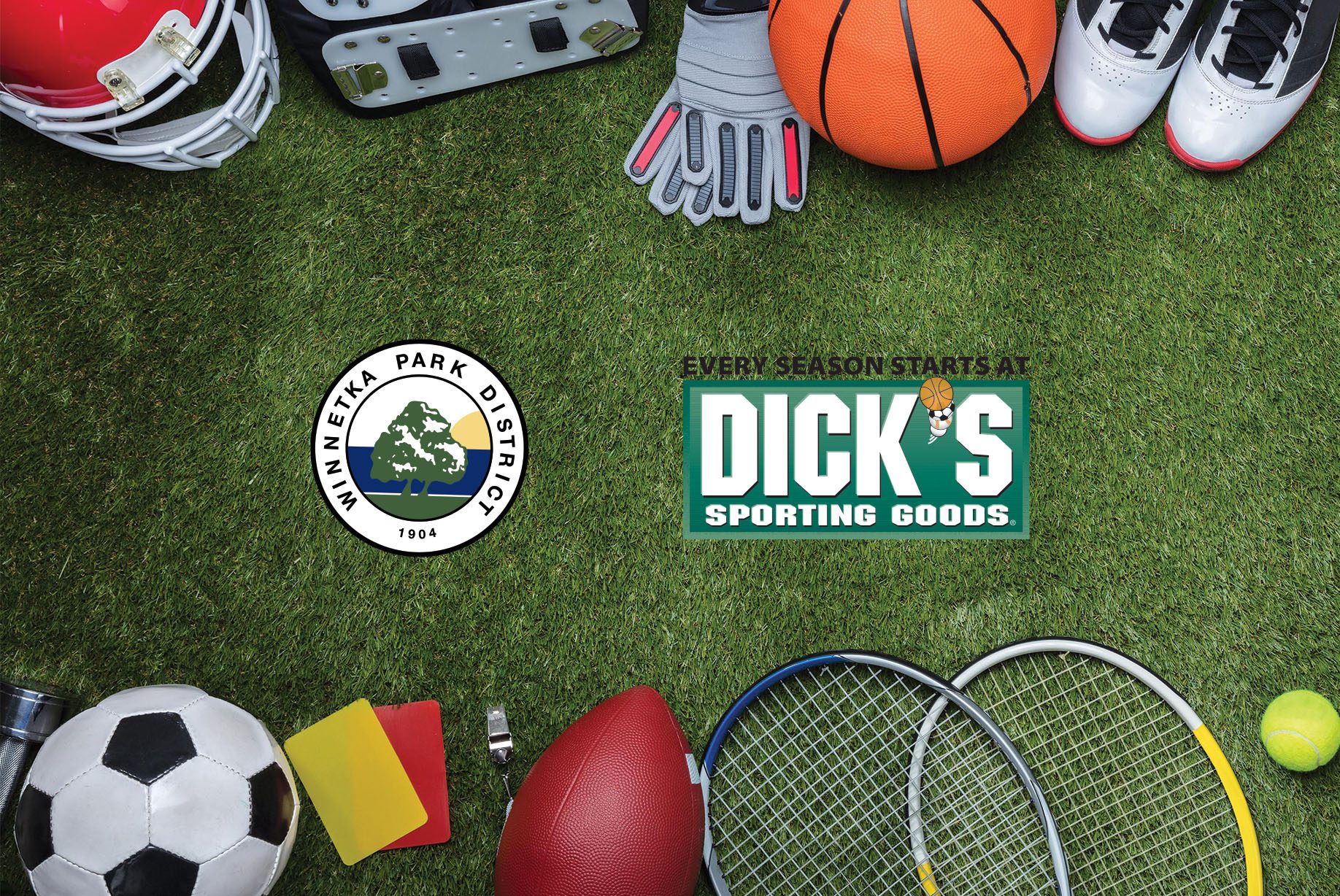 numerous athletic equipment laying out on a grass field with the Winnetka Park District and DICK'S Sporting Goods logo in the middle